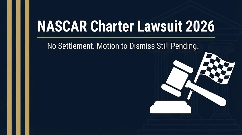 NASCAR charter lawsuit 2026 status banner showing no settlement and motion to dismiss pending.