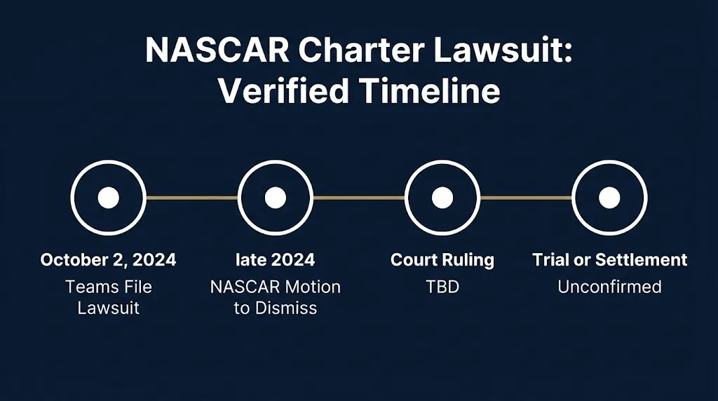 NASCAR charter lawsuit timeline from October 2024 filing to pending dismissal ruling in 2026.