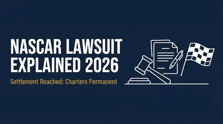 NASCAR lawsuit explained 2026 banner showing settlement reached and charters made permanent.