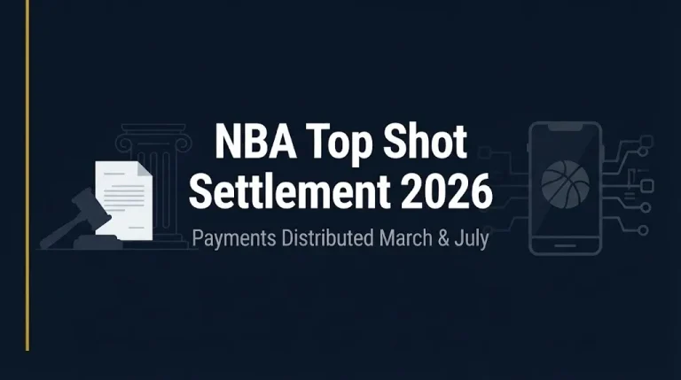 NBA Top Shot settlement 2026 banner showing two settlements and payment distribution dates.