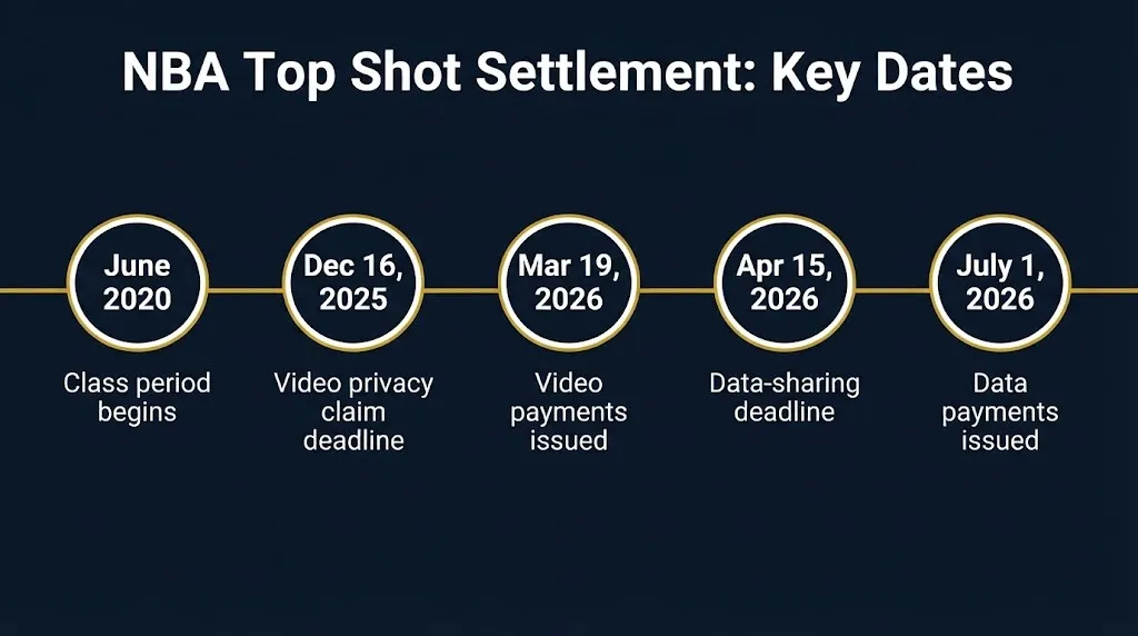 NBA Top Shot settlement timeline showing two claim deadlines and two payment distribution dates in 2026.