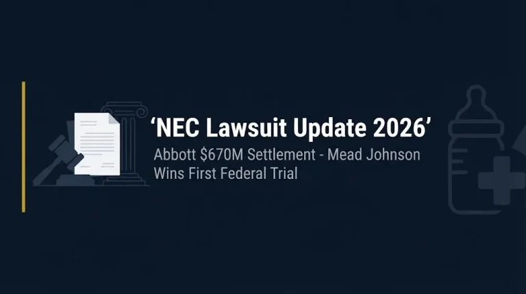 NEC lawsuit update 2026 banner showing Abbott $670M settlement and first federal defense verdict.