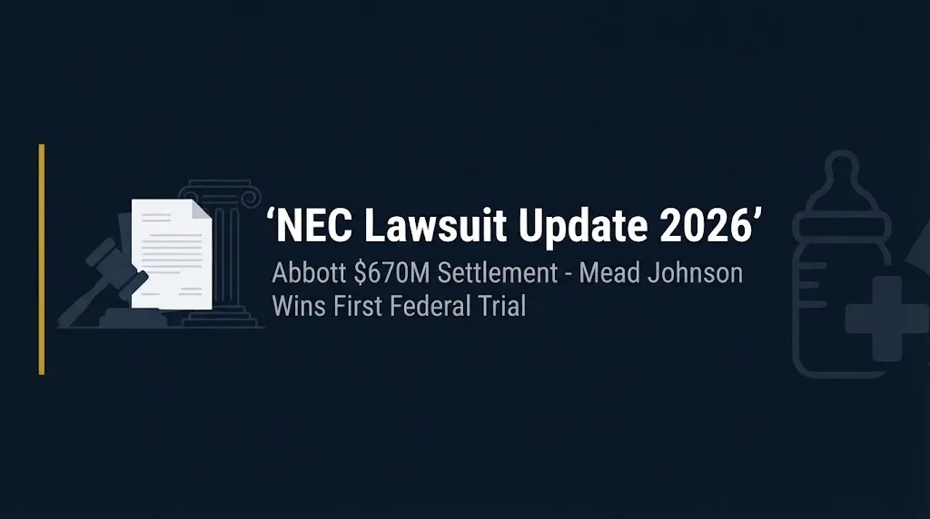 NEC lawsuit update 2026 banner showing Abbott $670M settlement and first federal defense verdict.