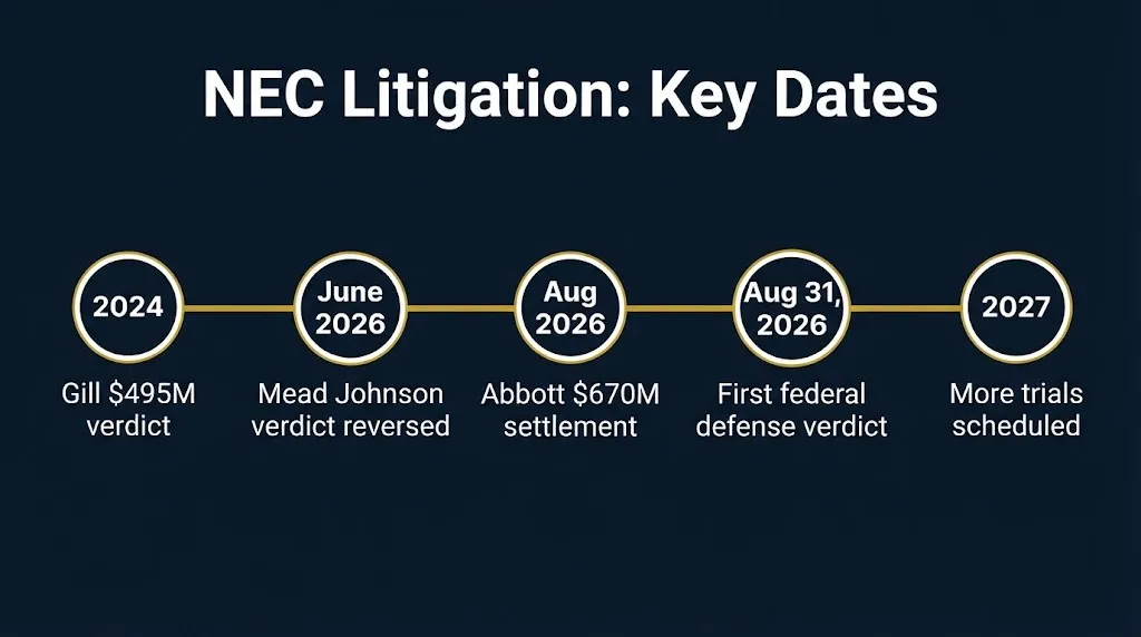 NEC litigation timeline showing $495M verdict, Abbott settlement, and first federal defense verdict dates.