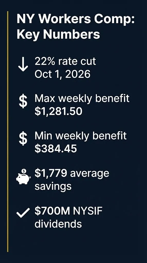 NY workers compensation 2026 key numbers checklist showing rate cut and benefit amounts.