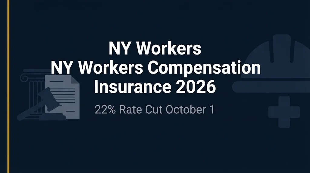 NY workers compensation insurance 2026 banner showing 22% rate cut effective October 1.