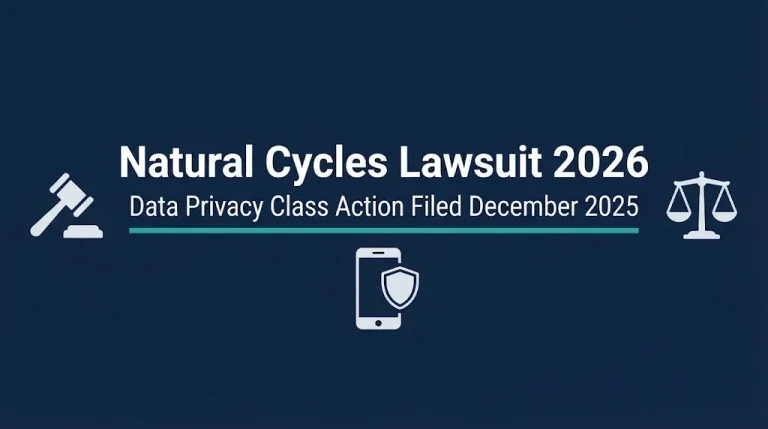 Natural Cycles lawsuit 2026 hero banner with gavel and smartphone privacy graphics.