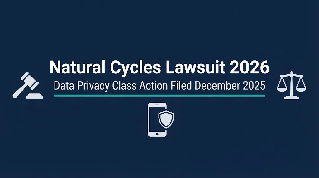 Natural Cycles lawsuit 2026 hero banner with gavel and smartphone privacy graphics.