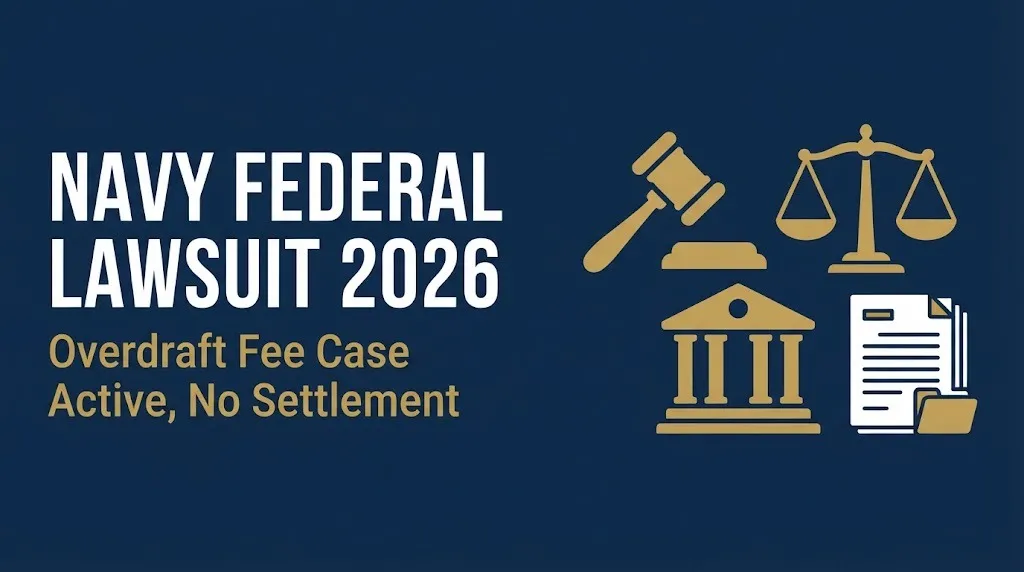 Navy Federal lawsuit 2026 headline with gavel and bank icon showing overdraft fee case active with no settlement.