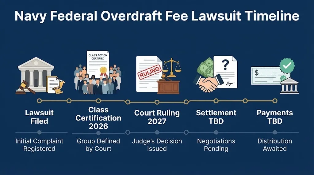 Navy Federal lawsuit timeline from filing through class certification, court ruling, settlement, and payments.