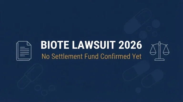 Navy infographic banner reading Biote lawsuit 2026 update with no confirmed settlement fund yet.