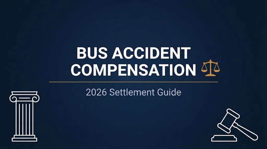 Navy infographic banner reading Bus Accident Compensation 2026 Settlement Guide with scales of justice icon.
