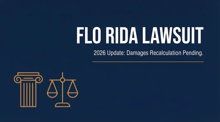 Navy infographic banner reading Flo Rida lawsuit 2026 update with Celsius damages recalculation pending noted.