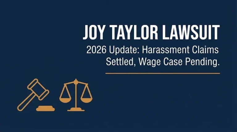 Navy infographic banner reading Joy Taylor lawsuit 2026 update noting settled claims and a pending wage case.