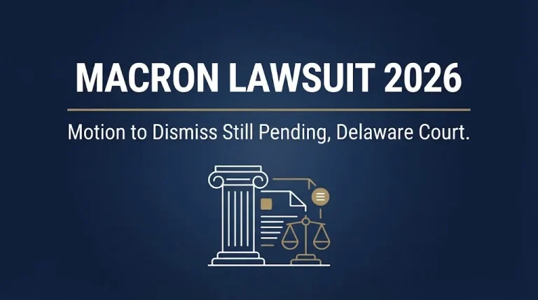 Navy infographic banner reading Macron Lawsuit 2026 showing the pending Delaware motion to dismiss status.