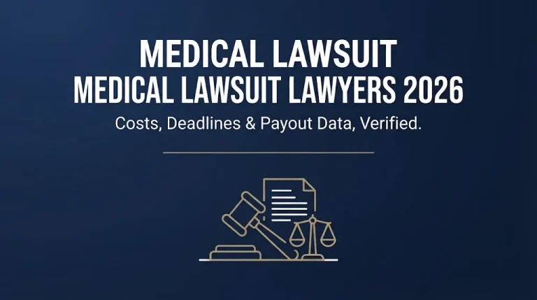Navy infographic banner reading Medical Lawsuit Lawyers 2026 with gavel and scale icons showing verified cost and deadline data.