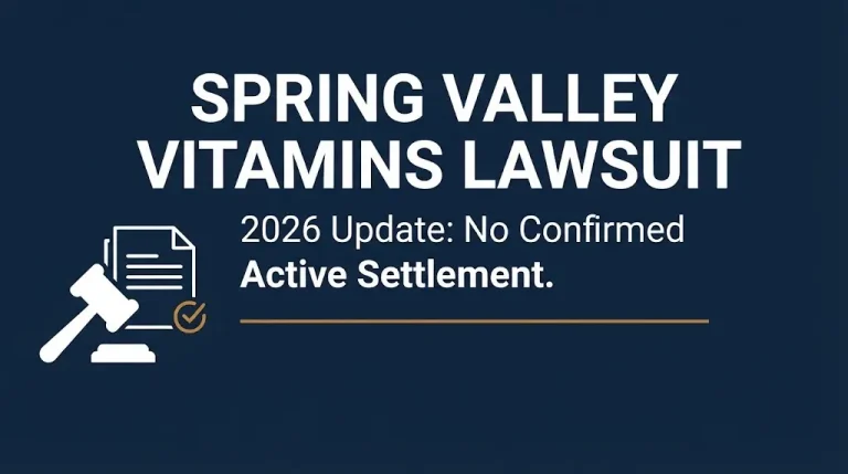 Navy infographic banner reading Spring Valley vitamins lawsuit 2026 update with no confirmed active settlement noted.
