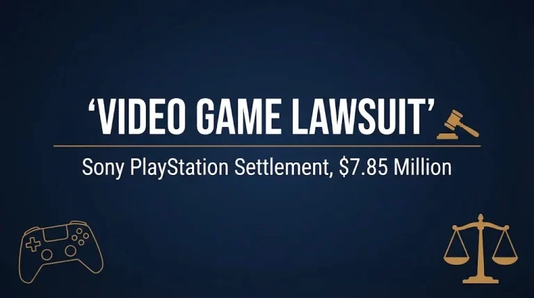 Navy infographic banner reading Video Game Lawsuit Sony PlayStation Settlement 7.85 Million with gavel icon.