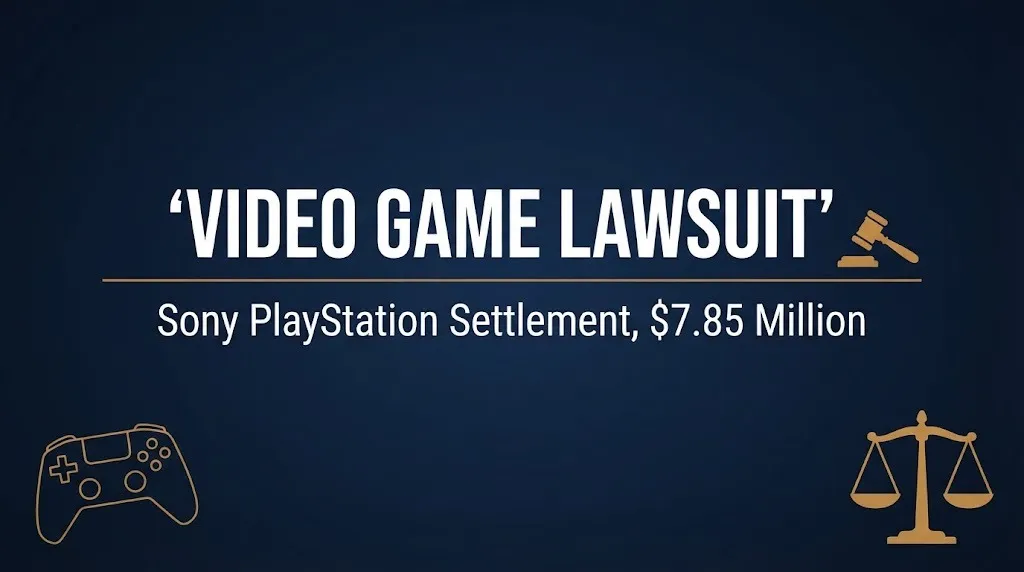 Navy infographic banner reading Video Game Lawsuit Sony PlayStation Settlement 7.85 Million with gavel icon.