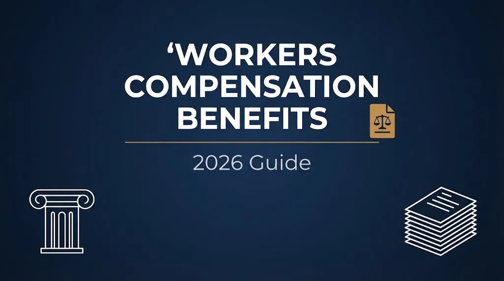 Navy infographic banner reading Workers Compensation Benefits 2026 Guide with scales of justice icon.