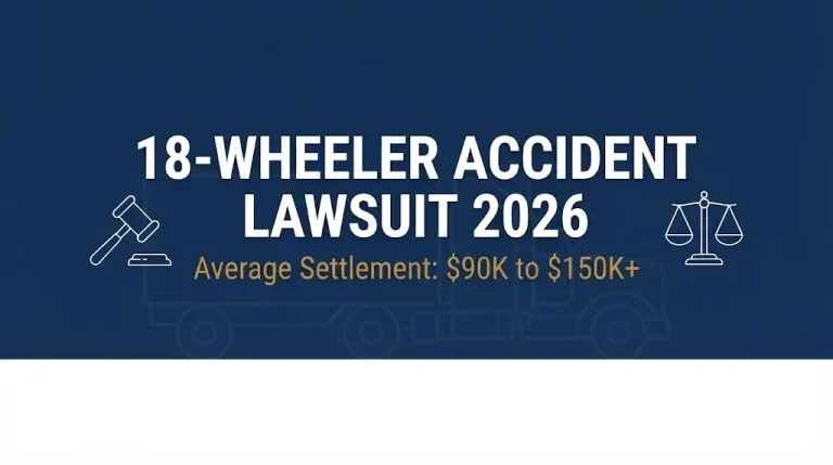 Navy infographic banner showing 18-wheeler accident lawsuit 2026 average settlement range of $90,000 to $150,000.