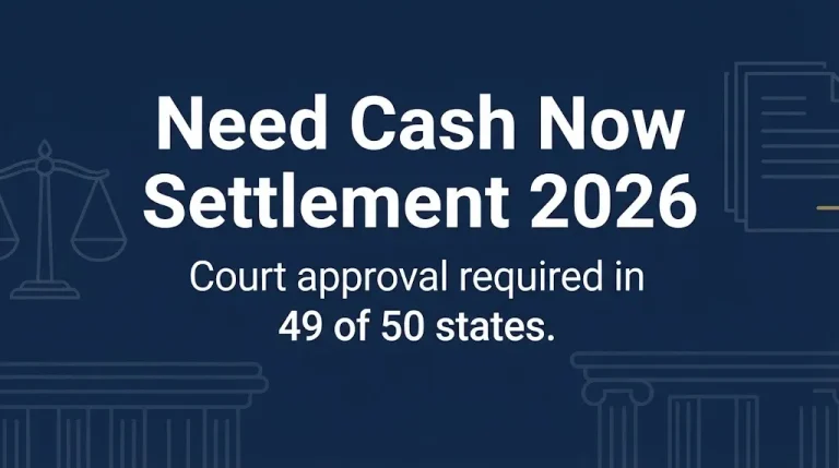 Need cash now settlement 2026 hero banner with headline and court approval subheading.