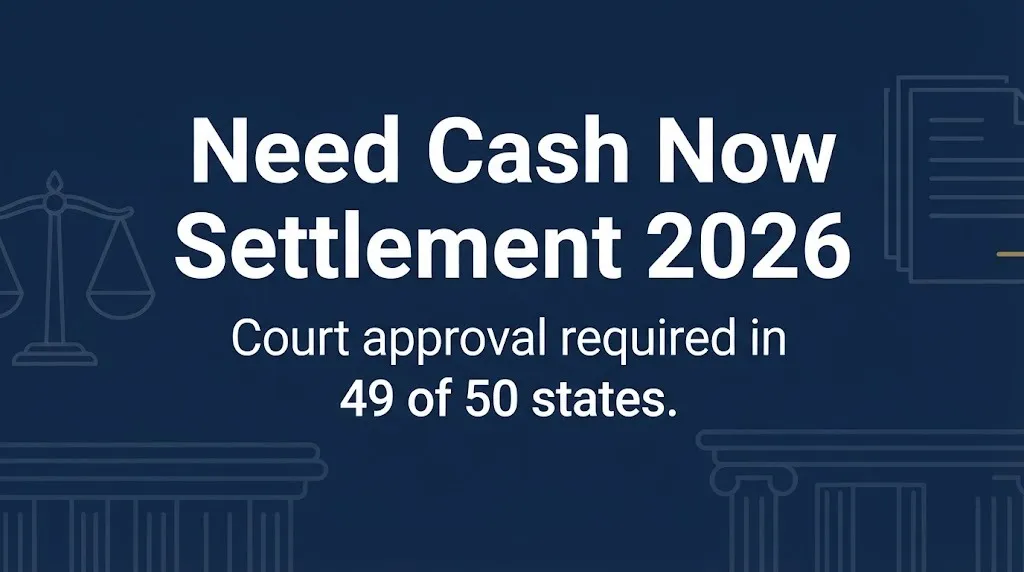 Need cash now settlement 2026 hero banner with headline and court approval subheading.