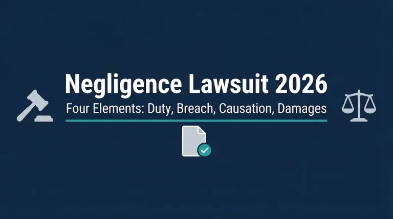 Negligence lawsuit 2026 guide with four legal elements and gavel graphics.