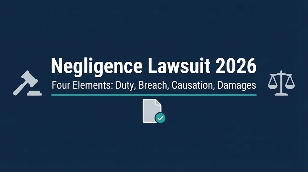 Negligence lawsuit 2026 guide with four legal elements and gavel graphics.