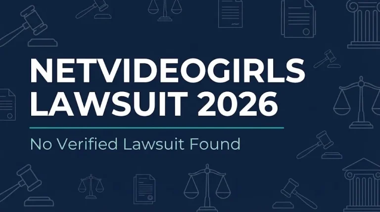 NetVideoGirls lawsuit 2026 hero banner showing no verified lawsuit found with gavel symbols.