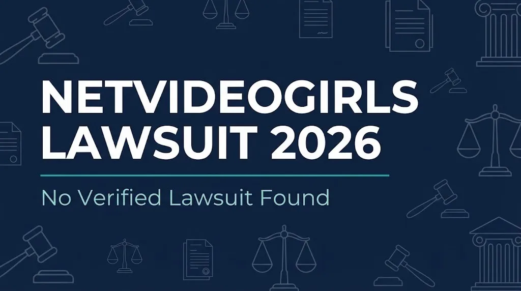 NetVideoGirls lawsuit 2026 hero banner showing no verified lawsuit found with gavel symbols.
