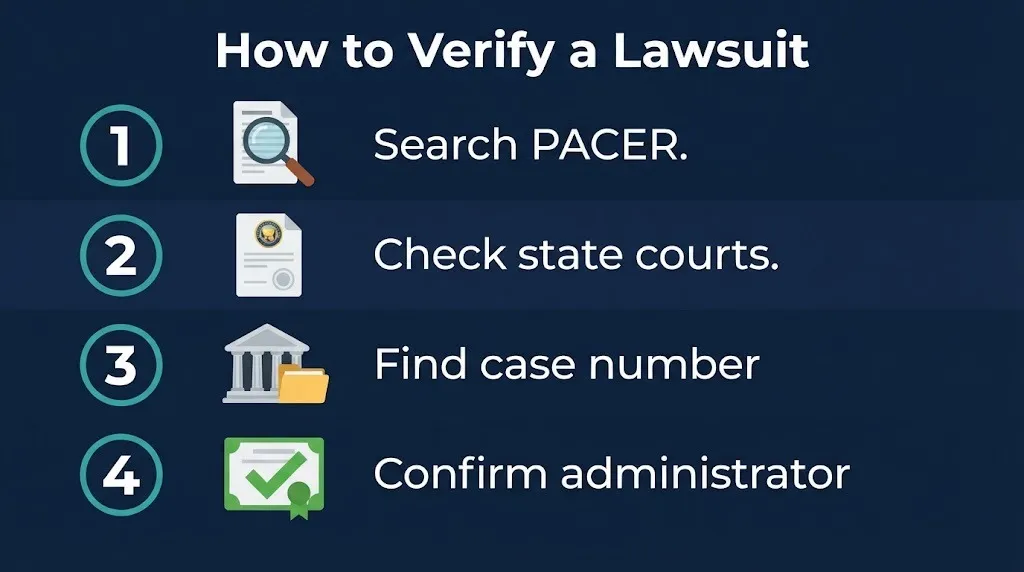 NetVideoGirls lawsuit verification steps showing PACER search and court record checks.