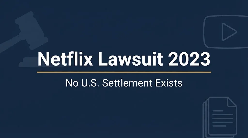 Netflix lawsuit 2023 banner stating no U.S. settlement exists