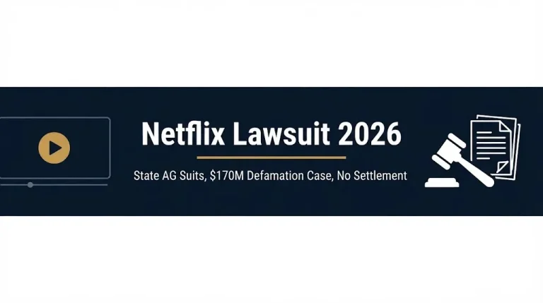 Netflix lawsuit 2026 banner with state AG suits and $170M defamation case details.