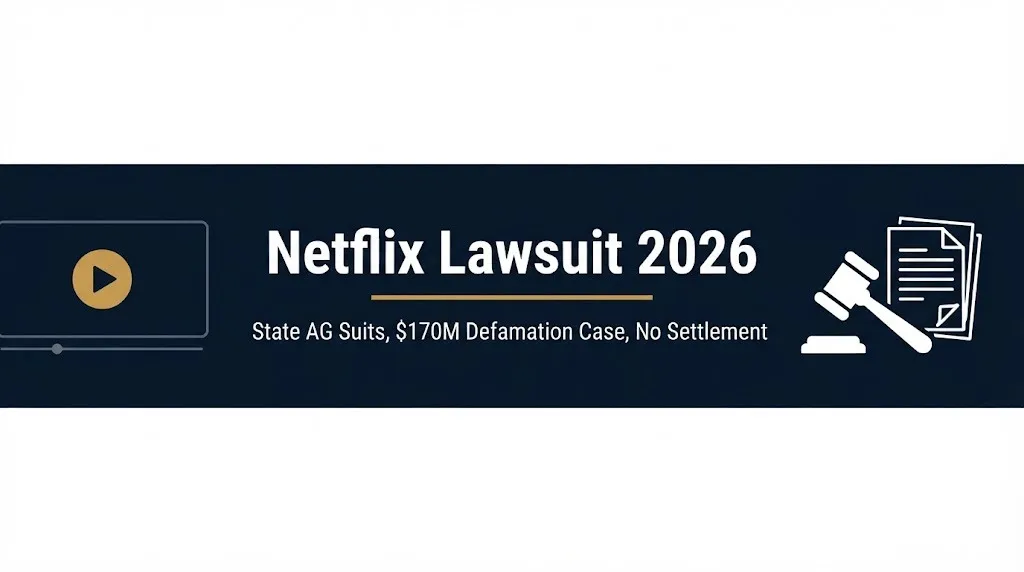 Netflix lawsuit 2026 banner with state AG suits and $170M defamation case details.
