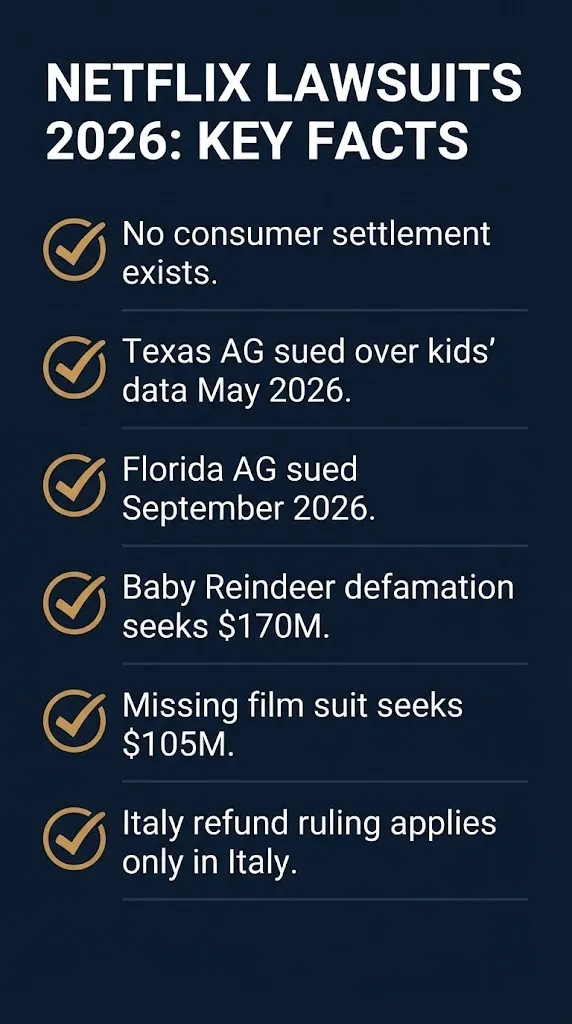 Netflix lawsuit 2026 facts checklist covering state AG suits and no settlement status.