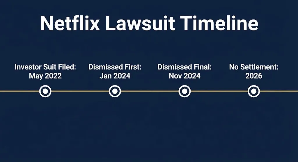 Netflix lawsuit timeline showing investor suit dismissed with no settlement in 2026