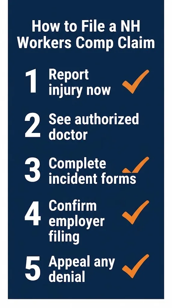 New Hampshire workers compensation claim filing steps showing injury reporting, doctor visits, forms, employer filing, and appeals.