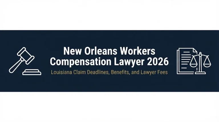 New Orleans workers compensation lawyer 2026 banner with Louisiana claim deadlines and benefits text.