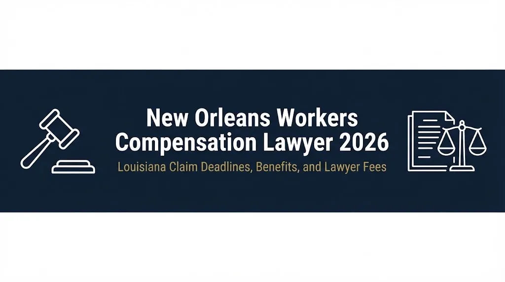New Orleans workers compensation lawyer 2026 banner with Louisiana claim deadlines and benefits text.