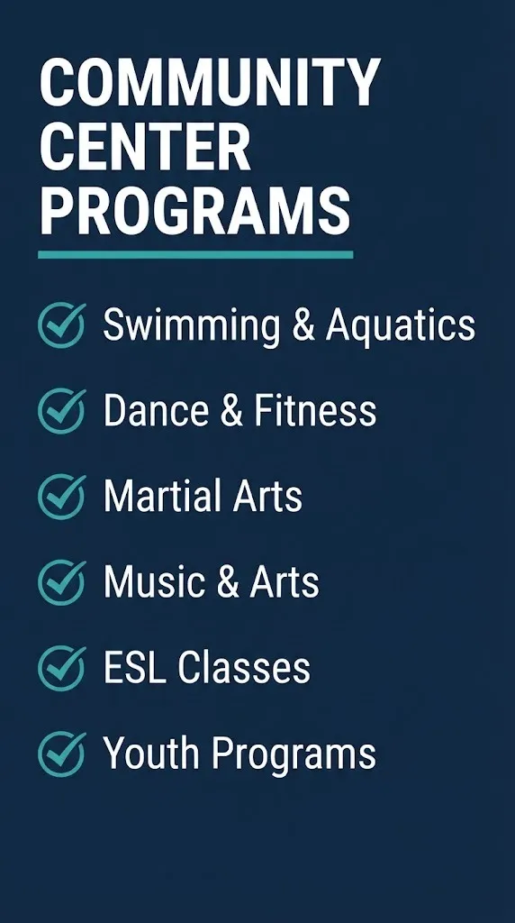 New Settlement Community Center program checklist showing swimming, dance, fitness, and youth offerings