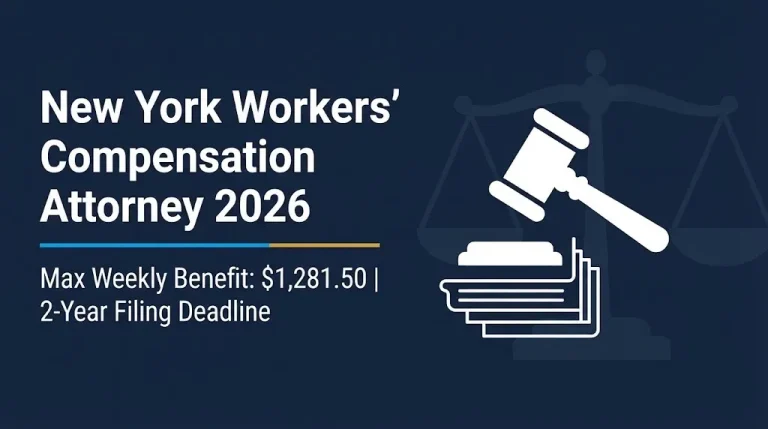 New York workers compensation attorney 2026 banner showing max weekly benefit and filing deadline.