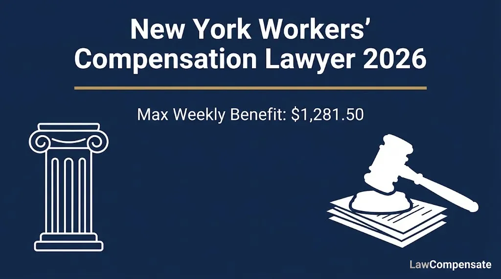 New York workers' compensation lawyer 2026 banner showing maximum weekly benefit of $1,281.50.