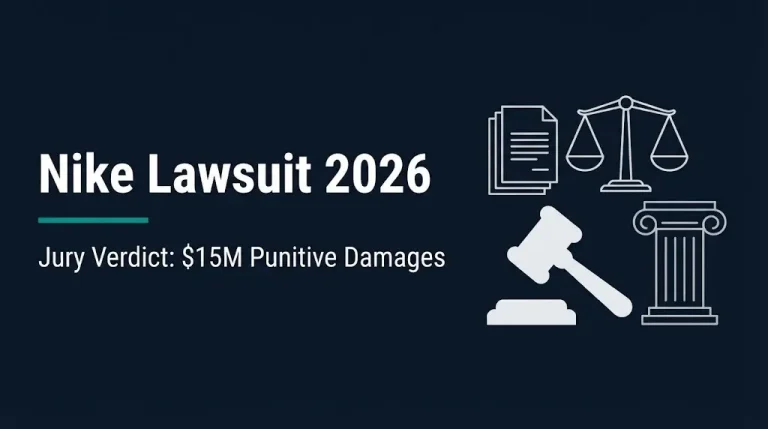 Nike lawsuit 2026 banner with jury verdict $15M punitive damages headline in navy and teal design