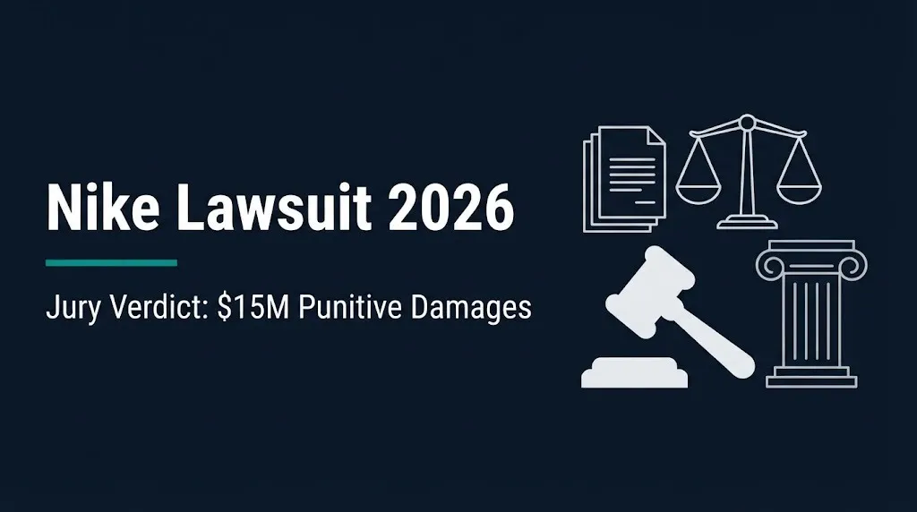 Nike lawsuit 2026 banner with jury verdict $15M punitive damages headline in navy and teal design