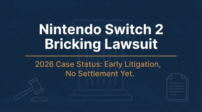 Nintendo Switch 2 bricking lawsuit 2026 status banner showing early litigation with no settlement.