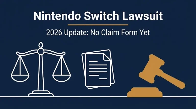 Nintendo Switch lawsuit 2026 banner with gavel and scales showing case status no claim form yet