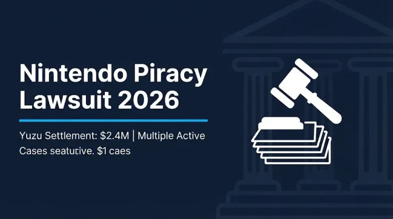Nintendo piracy lawsuit 2026 banner showing Yuzu $2.4M settlement and active enforcement cases.