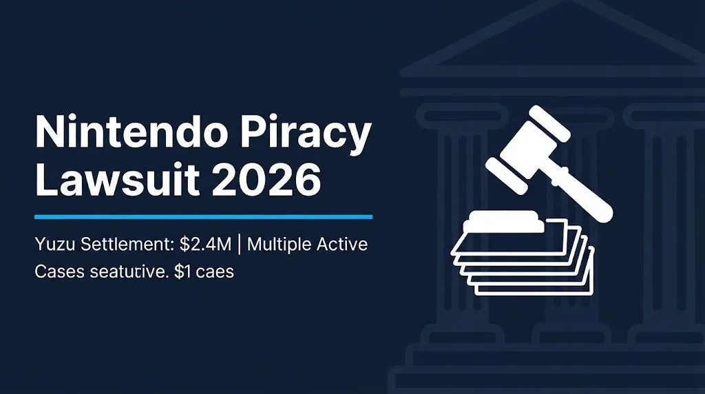 Nintendo piracy lawsuit 2026 banner showing Yuzu $2.4M settlement and active enforcement cases.