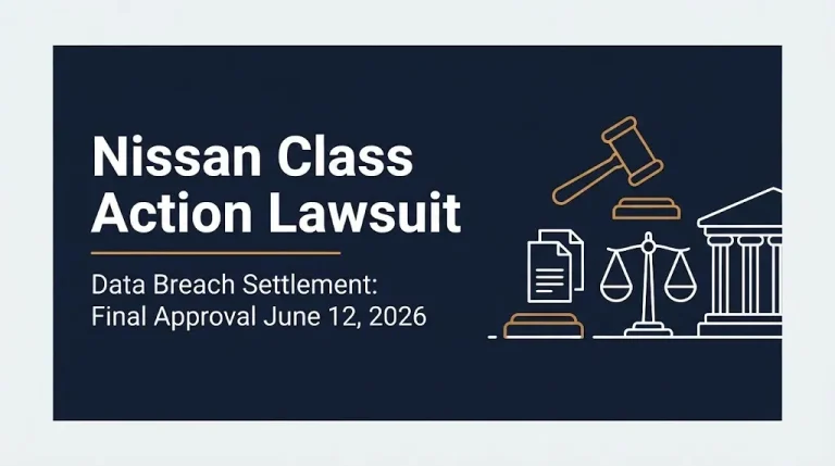 Nissan class action lawsuit 2026 banner noting data breach settlement final approval on June 12, 2026.
